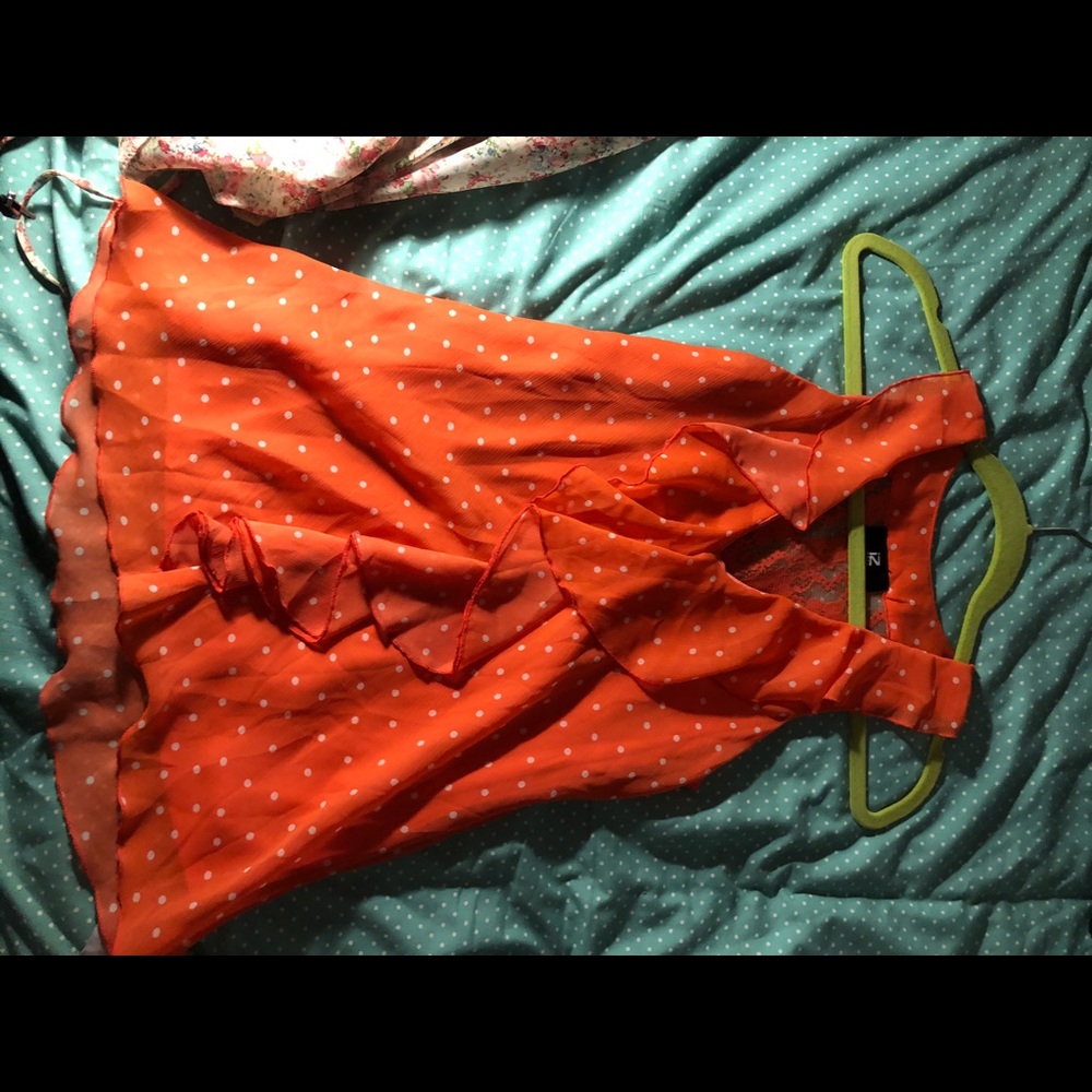 Dres up tank orangeish peach polka dots ruffled
